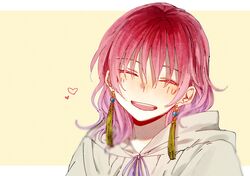  0819_chii 1girl akatsuki_no_yona cloak closed_eyes earrings highres hood hood_down jewelry open_mouth redhead short_hair smile solo tassel tassel_earrings white_background white_cloak yona_(akatsuki_no_yona) 