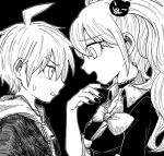  1boy 1girl :d a_10sun ahoge bear_hair_ornament black_background bow bra choker collarbone commentary_request danganronpa:_trigger_happy_havoc danganronpa_(series) enoshima_junko from_side greyscale hair_ornament hand_up hood hood_down jacket monochrome naegi_makoto nail_polish open_mouth profile shirt smile teeth underwear upper_body 