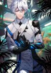  1boy bangs blurry blurry_background crossed_bangs foliage gloves grey_hair heterochromia highres jacket looking_at_viewer male_focus outdoors own_hands_together sheiyue short_hair smile solo standing tian_lang_(tower_of_fantasy) tower_of_fantasy white_jacket 