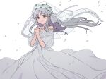  1girl bangs bare_shoulders blush bridal_veil closed_mouth commentary_request cowboy_shot dress green_eyes grey_hair head_wreath highres index_(toaru_majutsu_no_index) interlocked_fingers jewelry long_hair looking_at_viewer necklace off-shoulder_dress off_shoulder own_hands_clasped own_hands_together petals puffy_short_sleeves puffy_sleeves short_sleeves sidelocks simple_background smile solo teruya_(6w6y) toaru_majutsu_no_index veil wedding_dress white_background 