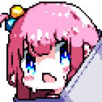 1girl bangs blue_eyes bocchi_the_rock! commentary cube_hair_ornament downvote gotou_hitori hair_ornament in_container long_hair looking_at_viewer lowres one_side_up open_mouth pink_hair pixel_art simple_background solo white_background