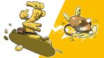  alolan_raichu blacknirrow coin commentary electricity english_commentary gholdengo gold gold_coin highres lightning_bolt_symbol no_humans open_mouth orange_background pokemon pokemon_(creature) simple_background smile surfboard surfing treasure_chest two-tone_background white_background 