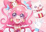  1girl :d bangs bow choker commentary cone_hair_bun cure_precious delicious_party_precure double_bun earrings gloves hair_bun hairband heart jewelry kome-kome_(precure) long_hair looking_at_viewer magical_girl nagomi_yui open_mouth orange_(orangelv20) pink_background pink_hair precure red_bow red_choker red_hairband smile solo two_side_up violet_eyes waving white_gloves 