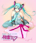  1girl aqua_eyes aqua_hair blue_necktie cyprus detached_sleeves grey_shirt happy hatsune_miku long_hair necktie shirt sleeveless sleeveless_shirt smile solo twintails very_long_hair vocaloid wrapping_paper 