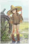  1girl alphonse_(white_datura) bad_id bad_pixiv_id black_eyes black_hair blush boots braid closed_mouth commentary cowboy_boots denim denim_shorts english_text hair_between_eyes hat highres original poncho shorts smile solo sombrero standing twin_braids 