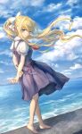  1girl air_(visual_novel) arms_behind_back ascot bangs barefoot black_dress blonde_hair blue_eyes blue_sky closed_mouth clouds commentary_request dress full_body highres holding_own_arm horizon kamio_misuzu kurau476 long_hair looking_at_viewer ocean outdoors ponytail red_ascot shirt short_sleeves sky solo summer white_shirt 