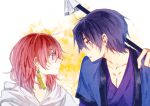  0819_chii 1boy 1girl akatsuki_no_yona black_hair blue_eyes blush closed_mouth frown hak_(akatsuki_no_yona) hetero highres looking_at_another multicolored_background open_mouth redhead short_hair violet_eyes white_background yellow_background yona_(akatsuki_no_yona) 