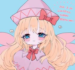  1girl :3 bangs blonde_hair blue_background blue_eyes blush capelet closed_mouth dated fairy fairy_wings gift_art hat highres lily_white long_hair pink_capelet pink_headwear portrait renakobonb simple_background smile solo touhou wings 