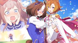  3girls :3 @_@ agnes_digital_(umamusume) ahoge animal_ears blue_eyes blush bow bowtie brown_hair cape carrying carrying_person commentary_request crown hair_bow heart heart-shaped_pupils hekino_(aoruri) horse_ears horse_girl horse_tail horseshoe_ornament long_hair long_sleeves looking_at_viewer meisho_doto_(umamusume) mini_crown multicolored_hair multiple_girls open_mouth orange_hair pantyhose pink_hair pleated_skirt princess_carry purple_serafuku purple_shirt purple_skirt red_bow sailor_collar sailor_shirt school_uniform serafuku shirt short_hair skirt symbol-shaped_pupils t.m._opera_o_(umamusume) tail tracen_school_uniform two-tone_hair two_side_up umamusume violet_eyes white_bow white_bowtie white_hair white_pantyhose 