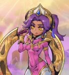  1girl bangs boomerang breasts cowboy_shot d: dark-skinned_female dark_skin dress gem hair_ornament hand_up holding holding_weapon league_of_legends long_hair lunar_empress_qiyana medium_breasts multicolored_background orange_eyes phantom_ix_row pink_dress qiyana_(league_of_legends) solo thigh-highs twintails weapon white_thighhighs 