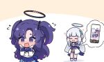  2girls :d ;) ;d @_@ ^_^ bangs blue_archive blue_sailor_collar blush brown_background chibi closed_eyes closed_mouth colored_shadow flying_sweatdrops grey_hair halo highres kurotofu long_hair multiple_girls noa_(blue_archive) one_eye_closed parted_bangs pleated_skirt purple_hair sailor_collar shadow shirt shoes signature skirt smile standing standing_on_one_leg two-tone_background two_side_up very_long_hair violet_eyes wavy_mouth white_background white_footwear white_shirt yuuka_(blue_archive) 