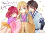  1girl 2boys :3 akatsuki_no_yona aminyao androgynous aqua_eyes black_hair blonde_hair blush closed_mouth commentary_request facing_viewer female_child hak_(akatsuki_no_yona) happy_birthday korean_clothes looking_at_another male_child multiple_boys open_mouth short_hair soo-won_(akatsuki_no_yona) white_background yona_(akatsuki_no_yona) 