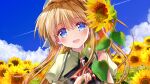  1girl :d air_(visual_novel) asahina_yori ascot bangs blonde_hair blue_eyes blue_sky clouds commentary_request contrail field flower flower_field holding holding_flower kamio_misuzu long_hair looking_at_viewer open_mouth outdoors red_ascot sky smile solo sunflower upper_body 