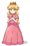  1girl bangs blonde_hair blue_eyes brooch chocomiru crown dress earrings full_body gloves jewelry long_dress long_hair pink_dress princess_peach simple_background solo super_mario_bros. white_background white_gloves 