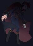  1boy belt black_background black_belt black_cape black_footwear blue_jacket blue_pants boots cape closed_mouth dark eko_(wk_egg) full_body highres jacket lance_(pokemon) long_sleeves looking_down male_focus pants pokemon pokemon_(game) pokemon_hgss popped_collar short_hair solo spiky_hair 