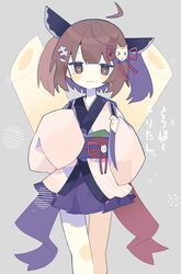 1girl ahoge blue_skirt blush brown_eyes brown_hair closed_mouth commentary feet_out_of_frame grey_background headgear highres japanese_clothes kimono kiritanpo_(food) long_sleeves mamimu_(ko_cha_22) obi sash short_hair simple_background skirt smile solo touhoku_kiritan twintails voiceroid white_kimono wide_sleeves