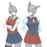  2girls arms_behind_back blue_necktie bow bowtie breasts commentary crossed_arms dragon_ball dragon_ball_super dragon_ball_super_super_hero english_commentary frown gamma_1 gamma_2 genderswap genderswap_(mtf) highres jenxd_d juliet_sleeves long_sleeves medium_breasts miniskirt multiple_girls necktie pleated_skirt puffy_sleeves red_bow red_bowtie school_uniform signature skindentation skirt sweater_vest thigh-highs zettai_ryouiki 