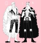  ... 2boys black_coat black_gloves blonde_hair c_(kkmr24) capri_pants coat commentary_request donquixote_doflamingo earrings feather_coat full_body fur_coat fur_trim gloves goggles greyscale hand_in_pocket jewelry leather leg_hair looking_at_another male_focus monochrome multiple_boys muscular muscular_male necklace nervous_smile one_piece open_clothes pants pink_background sheepshead short_hair skull_and_crossbones smile sunglasses white-framed_eyewear 