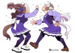 2girls animal_ears bow commentary food gold_ship_(umamusume) horse_ears horse_girl horse_tail in_the_face multiple_girls onikobe_rin pie pie_in_face punching scene_reference school_uniform shoes slam_dunk_(series) sneakers tail tosen_jordan_(umamusume) tracen_school_uniform umamusume 