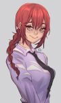 1girl artist_name black_necktie braid breasts brown_eyes chainsaw_man commentary english_commentary eyebrows_hidden_by_hair highres large_breasts mahmapuu makima_(chainsaw_man) necktie redhead selfie single_braid smile solo twitter_username upper_body watermark