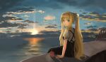  1girl air_(visual_novel) bangs blonde_hair blue_eyes blue_sky closed_mouth clouds commentary_request cup dress highres horizon kageniwa kamio_misuzu long_hair looking_at_viewer ocean outdoors pinafore_dress ponytail puffy_short_sleeves puffy_sleeves shirt short_sleeves sidelocks sitting sky smile solo sun white_shirt 