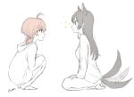  2girls ahoge animal_ears artist_name bangs black_eyes black_hair closed_mouth commentary_request dog_ears dog_girl dog_tail full_body hands_on_own_knees highres hood hood_down kemonomimi_mode koito_yuu long_hair long_sleeves medium_hair multiple_girls nanami_touko nyamo orange_eyes orange_hair partial_commentary partially_colored procreate_(medium) seiza simple_background sitting squatting star_(symbol) tail tail_wagging twintails white_background yagate_kimi_ni_naru yuri 