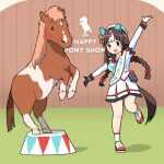  1girl absurdres animal_ears asymmetrical_gloves black_gloves blush_stickers bow bowtie braid breasts brown_hair ear_covers gloves headset highres hokko_tarumae_(umamusume) horse_ears horse_girl horse_tail jacket long_hair long_sleeves looking_at_viewer microphone mismatched_gloves oishi_oiru open_mouth outstretched_arms sailor_collar sash shadow shoes shoulder_sash skirt small_breasts smile sneakers socks solo spread_arms standing standing_on_one_leg tail twin_braids umamusume white_gloves white_jacket white_skirt white_socks 