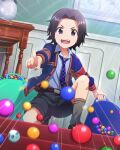  1boy bad_source bandaid bandaid_on_leg black_hair black_shorts bucket buttons collared_shirt idolmaster idolmaster_side-m long_sleeves male_child male_focus marble_(toy) necktie official_art okamura_nao open_mouth shirt shorts teeth third-party_source v-shaped_eyebrows violet_eyes 