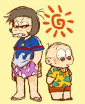  2boys bald blue_shirt brown_hair buck_teeth character_request chibi facial_hair facial_mark hands_in_pockets hawaiian_shirt holding holding_towel leg_hair looking_at_another male_focus multiple_boys mustache orange_shorts osomatsu-kun purple_shorts sandals shirt shorts simple_background sun sunglasses teeth towel tsubuta_hiro whisker_markings yellow_background yellow_shirt 