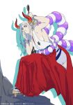  1girl bare_arms bare_shoulders breasts club_(weapon) cuffs curled_horns detached_sleeves earrings hair_ornament hair_stick highres horns japanese_clothes jewelry kanabou kimono kojima_takashi long_hair looking_at_viewer multicolored_hair multicolored_horns non-web_source one_piece oni orange_horns red_horns rope shackles shimenawa simple_background sleeveless sleeveless_kimono solo spiked_club weapon white_background white_hair yamato_(one_piece) yellow_horns 