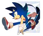  1boy animal_ears animal_nose arm_up blue_background blue_fur border commentary_request furry furry_male gloves green_eyes hedgehog hedgehog_ears hedgehog_tail highres korean_commentary legs_up looking_to_the_side male_focus open_mouth outside_border red_footwear running shoes sneakers socks solo sonic_(series) sonic_the_hedgehog tail triangle weon1119 white_background white_border white_gloves white_socks 