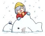  alternate_costume beanie closed_eyes coat facing_viewer grey_hair hama!_(3toshinhmkz) hamakaze_(kancolle) hat kantai_collection no_nose orange_scarf red_coat scarf shark short_hair smile snow snow_sculpture striped striped_scarf upper_body winter_clothes yellow_headwear 