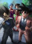  2boys 2girls :d absurdres black_eyes black_footwear black_hair blue_eyes blue_hair blue_necktie blue_vest blurry blurry_background bottle brown_jacket brown_pants bulma chi-chi_(dragon_ball) cup dragon_ball dress drinking_glass earrings elite_nappa grin highres holding_hands jacket jewelry lipstick looking_to_the_side makeup multiple_boys multiple_girls necktie off-shoulder_dress off_shoulder open_mouth outdoors pants purple_dress red_dress red_lips short_hair smile son_goku spiky_hair standing turtleneck vegeta vest wine_bottle wine_glass 