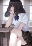  1girl bangs black_hair blue_bow blue_eyes bow cafe coffee_cup crossed_legs cup disposable_cup elbow_rest glasses hand_on_own_face head_rest highres indoors kaoming kurokawa_tamaki looking_at_viewer looking_to_the_side medium_hair medium_skirt original pale_skin parted_lips pleated_skirt shirt shirt_tucked_in sitting skirt solo table white_shirt window 