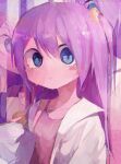  1girl :t abstract_background ahoge blue_eyes blush_stickers camisole commentary_request cookie eating food hair_ornament hair_scrunchie labcoat long_hair looking_at_viewer okusuri_nonde_neyou_(vocaloid) pink_camisole pinosan purple_hair scrunchie sleeves_past_wrists solo tearing_up two_side_up upper_body 