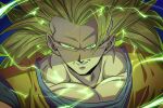  1boy blonde_hair blue_background dragon_ball dragon_ball_z electricity green_eyes highres large_pectorals long_hair male_focus muscular muscular_male no_eyebrows pectorals portrait sekitsuki_hayato smile solo son_goku super_saiyan super_saiyan_3 