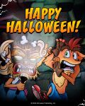  1boy 1girl blonde_hair coco_bandicoot crash_bandicoot crash_bandicoot_(series) crashbandicoot english_text furry furry_female halloween highres long_hair mask official_art open_mouth redhead shoes short_hair shorts spiky_hair teeth tiki_idol torch uka_uka 