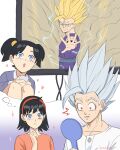  1boy 1girl :&lt; :o absurdres aged_down bangs black_hair blonde_hair blue_eyes blush closed_mouth dragon_ball dragon_ball_super dragon_ball_super_super_hero dragon_ball_z electricity gohan_beast green_eyes hairband heart highres holding holding_mirror husband_and_wife jenxd_d mirror open_mouth orange_shirt red_eyes red_hairband shirt simple_background son_gohan spiky_hair super_saiyan super_saiyan_2 television thought_bubble videl watching_television white_background white_shirt 