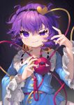  1girl bangs black_hairband blue_shirt blush closed_mouth collared_shirt dated eyeball fingernails frilled_shirt_collar frilled_sleeves frills gunjou_row hair_between_eyes hair_ornament hairband heart heart_hair_ornament highres komeiji_satori long_sleeves nail_polish purple_hair purple_nails shirt short_hair signature skirt smirk solo third_eye touhou twitter_username upper_body violet_eyes white_skirt wide_sleeves 