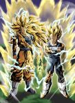  2boys absurdres arms_at_sides aura biceps blonde_hair blue_footwear blue_sash blue_shirt blue_wristband boots clenched_hands closed_mouth commentary_request crossed_arms dougi dragon_ball dragon_ball_z dragon_ball_z_dokkan_battle electricity energy floating_hair full_body gloves green_eyes highres long_hair looking_at_viewer male_focus multiple_boys muscular muscular_male no_eyebrows pectoral_cleavage pectorals sash scratches shirt short_hair smile smirk son_goku spiky_hair standing super_saiyan super_saiyan_2 super_saiyan_3 torn_clothes toshi_s_art v-shaped_eyebrows vegeta watermark white_footwear white_gloves wristband 
