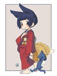  1girl 1other :d animal_ears bangs barefoot black_hair bob_cut border brown_background fox_ears fox_girl fox_tail full_body japanese_clothes kimono kukuri_(mawaru) long_sleeves mawaru_(mawaru) multiple_tails obi oni open_mouth original red_eyes red_kimono sash short_hair smile solo tail toes walking white_border 