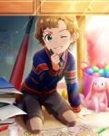  1boy alternate_hairstyle bad_source baseball_bat brown_hair card_(medium) collared_shirt drawing fingernails green_eyes grey_shorts himeno_kanon holding holding_pencil idolmaster idolmaster_side-m kneeling light_brown_hair long_sleeves male_child male_focus official_art one_eye_closed pencil pillow school_uniform shirt shorts smile stuffed_animal stuffed_bunny stuffed_toy 