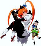  1girl 2boys alisa_southerncross animal_ears black_eyes black_hair bow bowtie elbow_gloves frog gloves hair_ornament hat hinata_fuyuki hood hoodie keroro keroro_gunsou long_hair looking_at_viewer multiple_boys official_art orange_hair pantyhose red_eyes shirt shoes shorts simple_background skirt socks star_(symbol) twintails yoshizaki_mine 