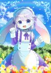  1girl :d apron bangs blue_bow blue_dress blue_eyes blue_sky blurry blurry_background blush bow clouds collared_dress commentary_request commission copyright_request day depth_of_field dress flower frilled_apron frills furry furry_female grey_hair hair_between_eyes hair_bow hands_up kou_hiyoyo long_sleeves looking_at_viewer maid maid_headdress pink_flower red_flower skeb_commission sky smile solo white_apron yellow_flower 