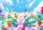  1girl bare_shoulders blue_sky blush closed_eyes clouds collar colored_eyelashes detached_sleeves dress drill_hair falling_petals falulu grey_hair happy headphones idol open_mouth outstretched_arms petals pink_dress pretty_(series) pripara sky solo treble_clef twin_drills white_collar white_sleeves xxogorexx 