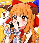  ! !! 1girl absurdres blue_ribbon blush bow buttons chain ehoumaki food food_in_mouth hair_bow highres holding holding_food horn_ornament horn_ribbon horns ibuki_suika ishiki_nuru long_hair makizushi oni_horns oral orange_eyes orange_hair red_bow ribbon setsubun shirt sidelocks solo spoken_exclamation_mark sushi torn_clothes torn_sleeves touhou upper_body white_shirt wrist_cuffs 