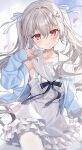  1girl black_ribbon character_request copyright_request dress frilled_dress frills grey_hair hair_ornament highres okanoyuno petals red_eyes ribbon solo twintails virtual_youtuber 