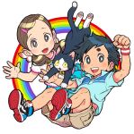  1boy 1girl bangs black_eyes black_hair blue_shirt brown_eyes brown_hair brown_shorts cat clenched_hand commentary_request dress frilled_dress frills hair_ornament hairclip kodomo_yume_kikin low_twintails nishimura_kinu official_art open_mouth polo_shirt rainbow shirt shoes shorts smile sneakers twintails wristband 