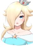  1girl aqua_dress aqua_eyes blonde_hair blue_eyes brooch crown dress earrings highres jewelry long_hair looking_at_viewer rosalina simple_background solo super_mario_bros. super_mario_galaxy tomatomiya upper_body white_background 