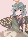  1girl antennae aqua_hair bead_necklace beads blush brown_background brown_eyes butterfly_wings dress eternity_larva fairy jewelry leaf leaf_on_head midori_(misuriru8) multicolored_clothes multicolored_dress necklace pink_background short_hair short_sleeves simple_background solo touhou upper_body wings 